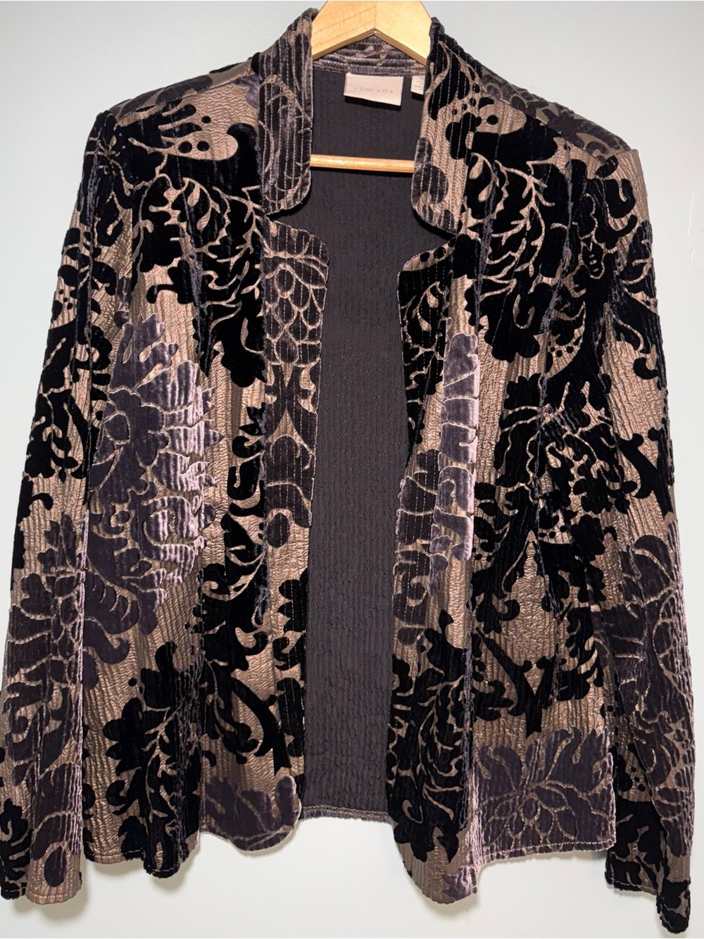 Chico’s Elegant Black and Taupe Velvet Burnout Open Front Jacket